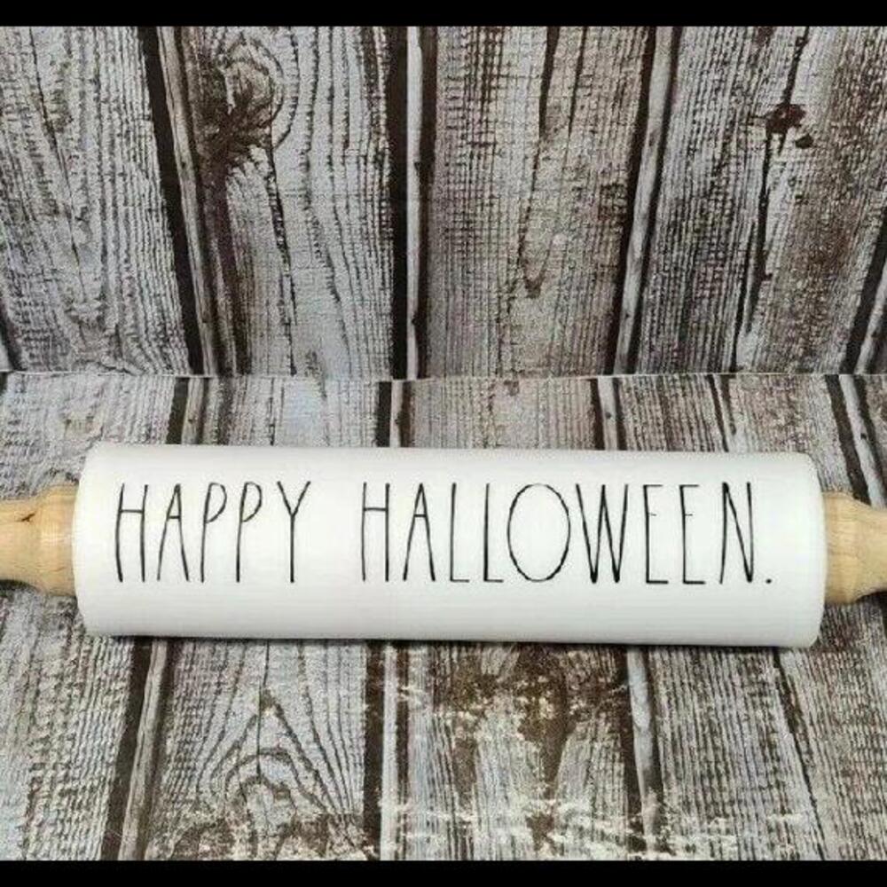 Rae Dunn Happy Halloween White With Black Rolling Pin. Size 15" NEW Silicone